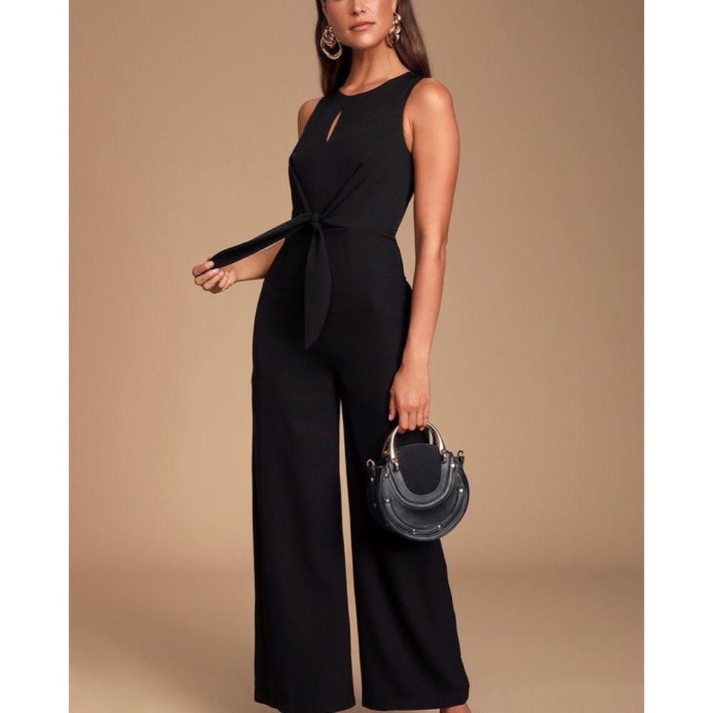 Lulus Evelynn Black Tie Front Wide Leg Jumpsuit Size Medium NWT